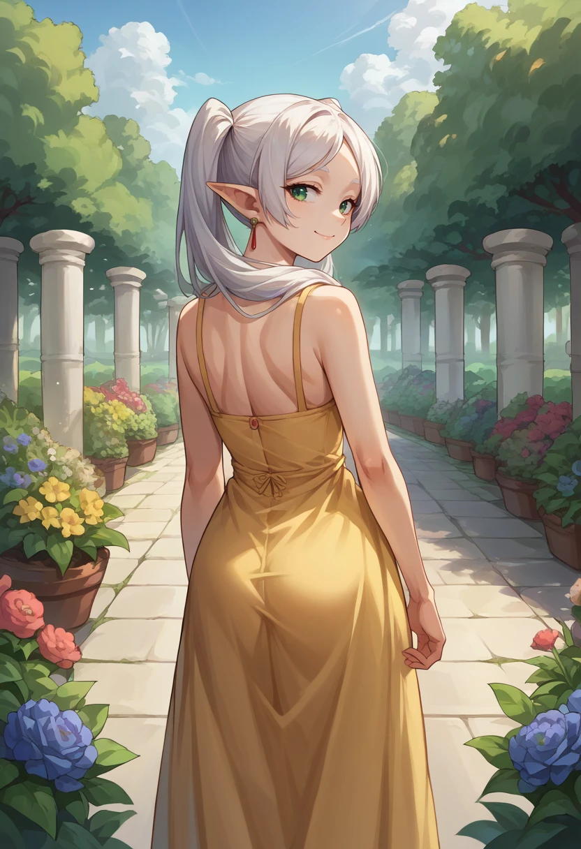 score_9, score_8_up, source_anime, 1girl, solo, Frieren, green eyes, white hair, long hair, twintails, earrings, from behind, yellow sundress, garden, day, sunshine, smile, looking back, <lora:ChamFrierenPonyXL:1>