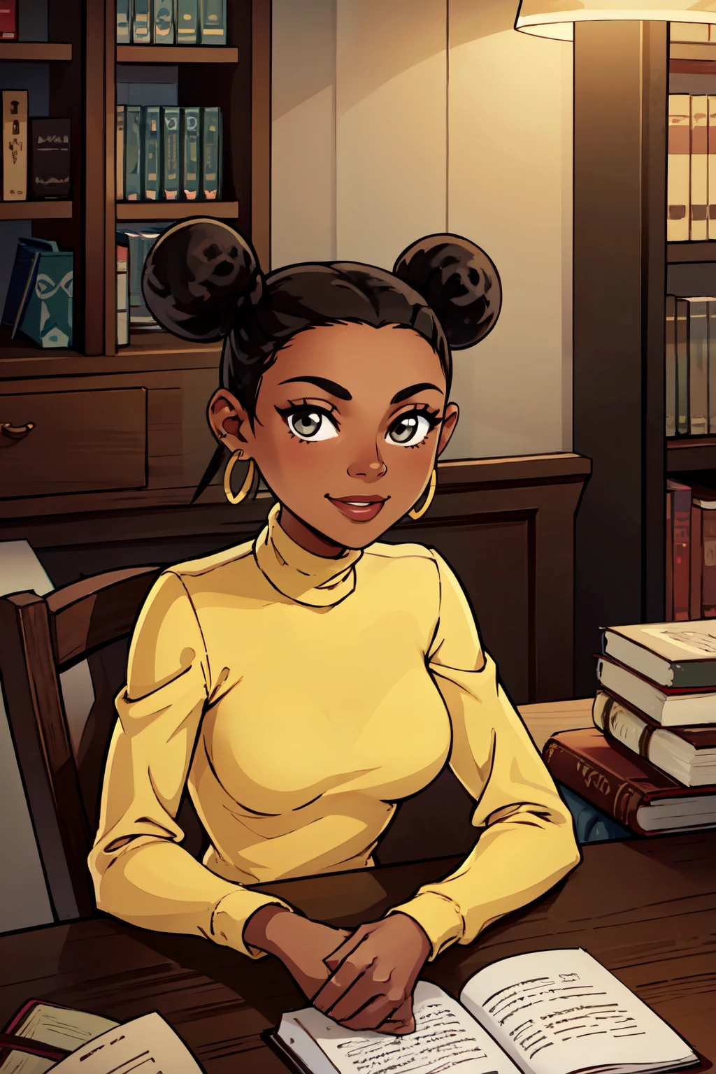 ((masterpiece,best quality)), absurdres, <lora:Bumblebee_DC:0.8>, 1girl, black_hair, dark_skin, hair_bun, dark-skinned_female, double_bun, smile, looking at viewer, turtleneck sweater, earrings, library, cup of coffee, sitting at table