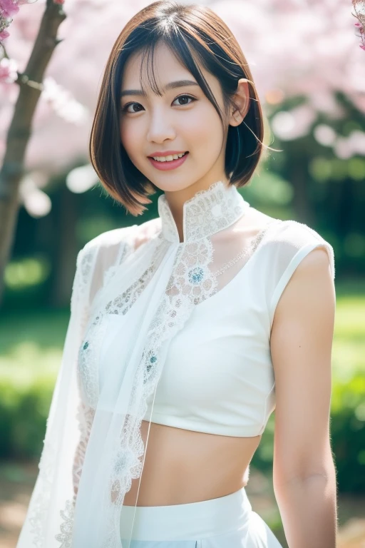 1girl,(RAW photo, best quality), (realistic, photo-realistic:1.4), masterpiece, an extremely delicate and beautiful, extremely detailed, 2k wallpaper, Amazing, finely detail, extremely detailed CG unity 8k wallpaper, ultra-detailed, highres, soft light, beautiful detailed girl, extremely detailed eyes and face, beautiful detailed nose, beautiful detailed eyes,cinematic lighting,perfect anatomy,slender body,
(wearing a white high collar avant garde outfit),saree,white skirt(bokeh:1.2),
at a flower park,sakura flowers,flower garden,
<lora:minatomio_lora:0.8>,smiling