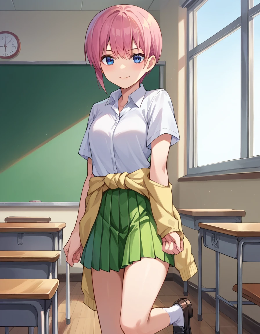 score_9, score_8_up, score_7_up, source_anime,
ichikanakano, <lora:ichika-nakano-pruned-ponyxl-lora-nochekaiser:1>, 
ichika nakano, short hair, bangs, blue eyes, hair between eyes, pink hair, pixie cut, smile,
skirt, shirt, school uniform, white shirt, short sleeves, pleated skirt, shoes, socks, collared shirt, black footwear, sweater, white socks, green skirt, loafers, clothes around waist,
indoors, classroom, 
looking at viewer, cowboy shot, dutch angle,