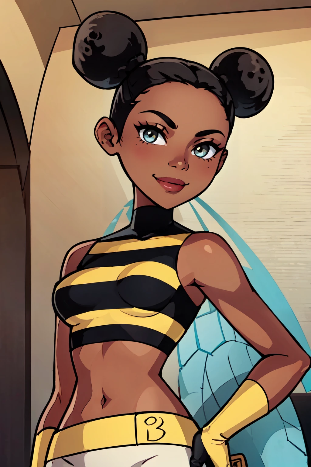 ((masterpiece,best quality)), absurdres, <lora:Bumblebee_DC:0.8>,  1girl, black_hair, gloves, midriff, dark_skin, hair_bun, dark-skinned_female, crop_top, double_bun,  striped shirt,  smile, looking at viewer,