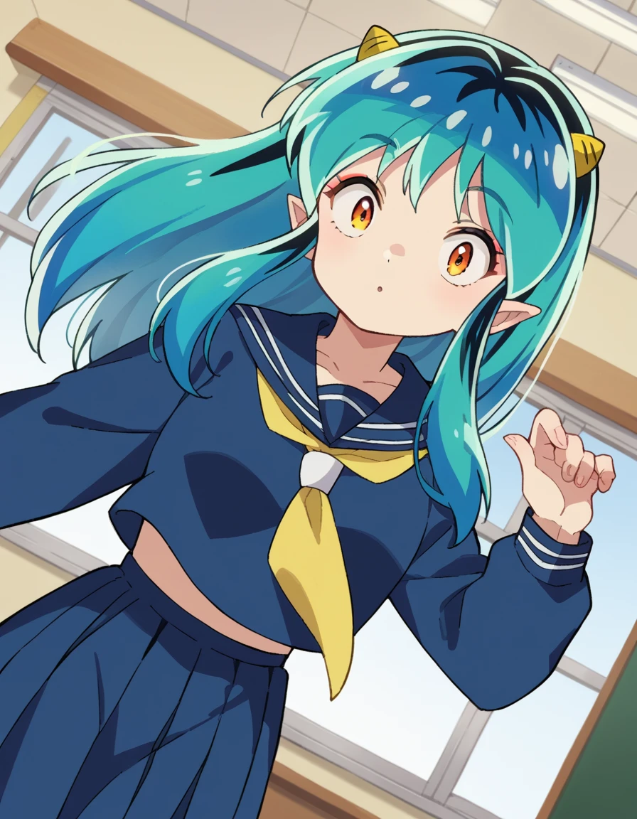 score_9, score_8_up, score_7_up, source_anime,
uruseiyatsuralum, <lora:lum-ponyxl-lora-nochekaiser:1>,
lum, long hair, bangs, blue hair, orange eyes, horns, pointy ears, aqua hair, oni horns, eyeshadow,
shirt, long sleeves, school uniform, serafuku, sailor collar, neckerchief, yellow neckerchief, shirt, blue shirt, blue sailor collar, blue skirt,
indoors, classroom, flying,
looking at viewer, cowboy shot, dutch angle,