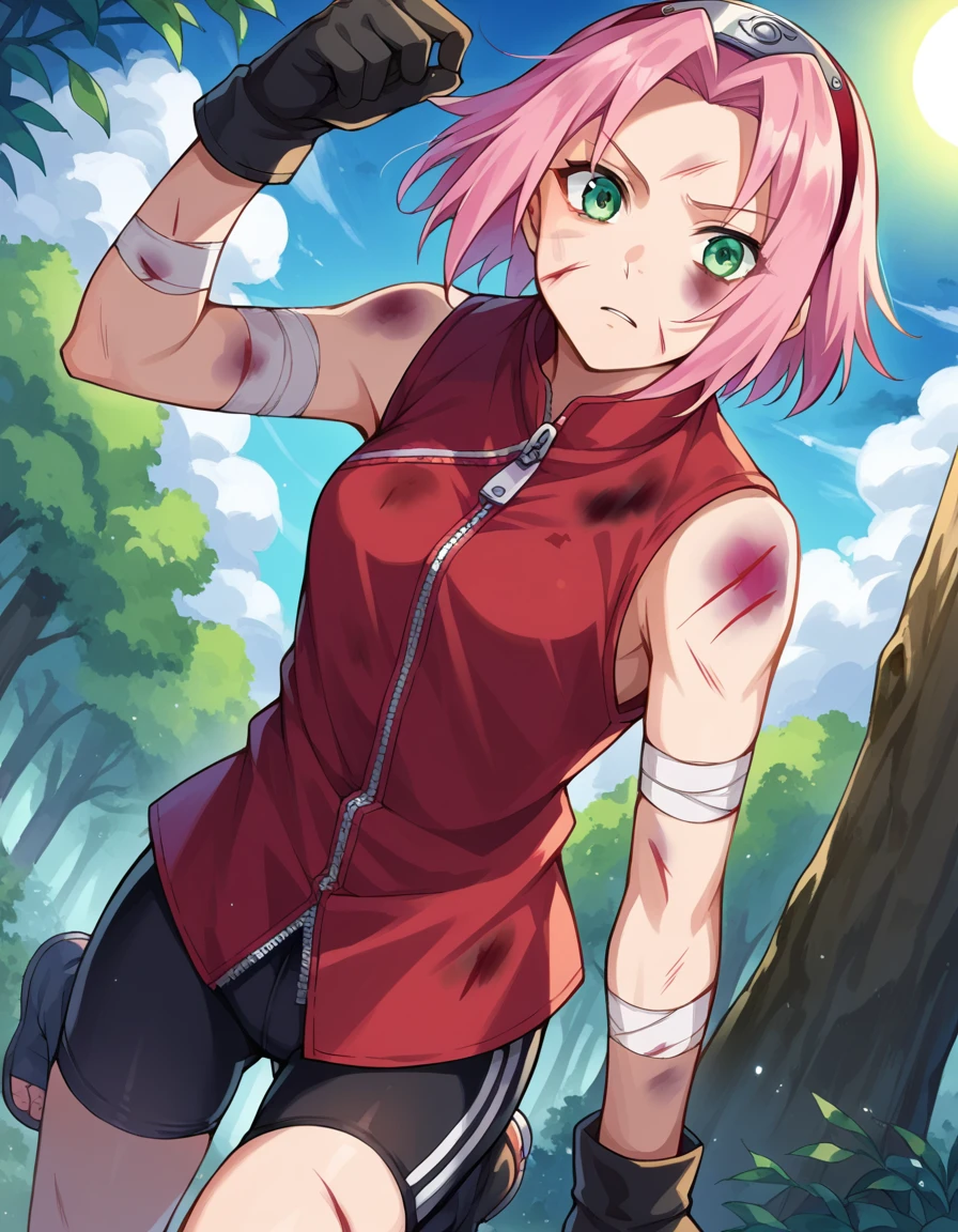 score_9, score_8_up, score_7_up, source_anime,
sakuraharuno, <lora:sakura-haruno-ponyxl-lora-nochekaiser:1>,
sakura haruno, short hair, green eyes, pink hair, parted bangs, hairband, forehead protector, injury, bruise, cuts, bleeding,
gloves, green eyes, sleeveless, black gloves, red shirt, zipper, forehead protector, konohagakure symbol, boots, bike shorts, zipper, toeless footwear,
outdoors, forest, nature, sky, sun, clouds,
looking at viewer, cowboy shot, dutch angle, dynamic pose,