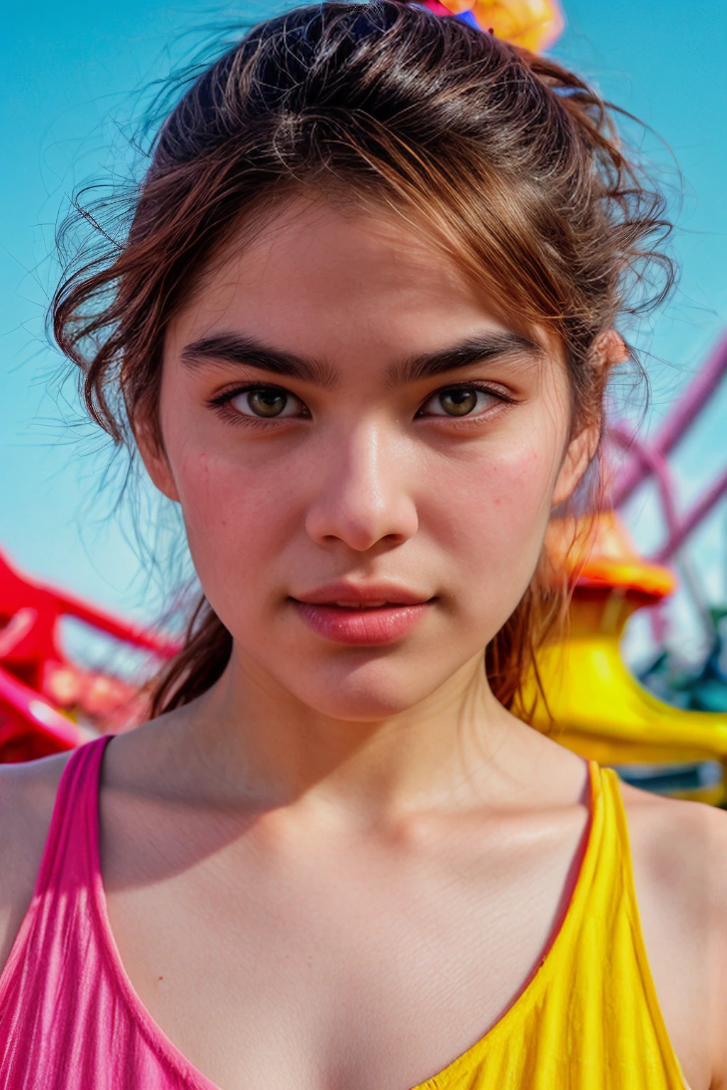 ((light theme)), <lora:[PH]_-_Cristel_Blancaflor:1> cristelblancaflor, solo, (looking at viewer), realistic lighting, Top Knot Curls with Bangs, (detailed skin), (detailed face), (disgust), (Cargo shorts, tank top, and sandals.), (amusement park, thrilling rides, colorful attractions, joyful:1.5), 
BREAK
masterpiece, best quality, ultra-detailed, ultra high res, (photorealistic:1.4), raw photo, (realistic:0.2), 8k HDR, 1girl, bokeh, f1.4, 40mm, photorealistic, raw, 8k, textured skin, skin pores, intricate details, soft lighting, by Stephen Shore
BREAK
<lora:PAseer-SD15-LCM Quick:1> <lora:epiCRealismHelper:.8> <lora:add_detail:0.8> <lora:DStyle_-_Photography_Style:.6> dstyle, RAW candid cinema, 16mm, color graded portra 400 film, remarkable color, ultra realistic, textured skin, remarkable detailed pupils, realistic dull skin noise, visible skin detail, skin fuzz, dry skin, shot with cinematic camera