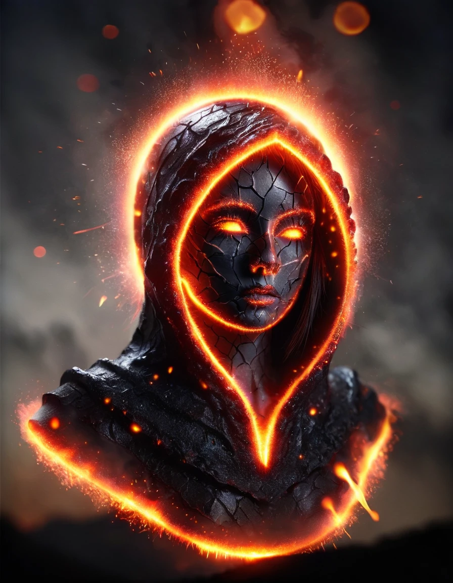 A dark ghostly female silhouette. Divinity of Fire. Cracked skin. light armor. Dark armor. Cracked armor. Canvas hood. Basalt. Lava flow. Seductive and dangerous. Burn inside. Glowing eyes. Bokeh blur. ral-dissolve.BadDream photorealistic <lora:ral-firworx:1> ral-fireworx