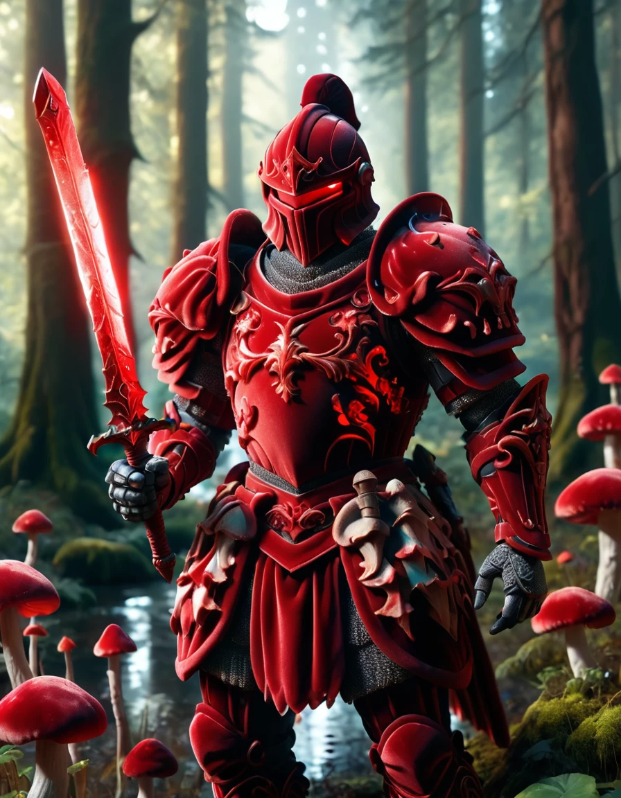 Cinematic shot of a knight wearing a ral-rdvlv armor, holding red glowing sword by the handle, sword pointing down, fairy forest with mushrooms in background, reflective light, HKStyle, HD, masterpiece, best quality, hyper detailed, ultra detailed, super realistic <lora:ral-rdvlv:1> ral-rdvlv