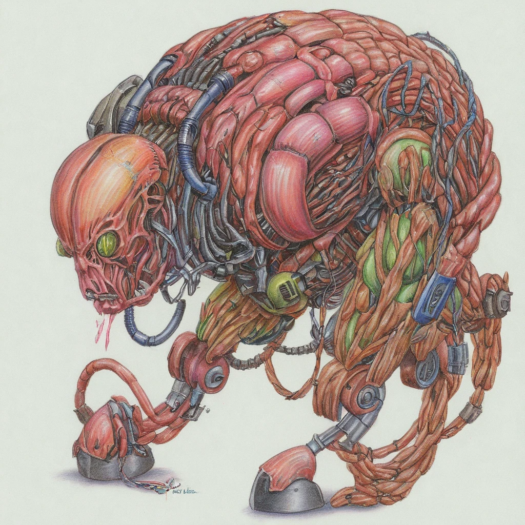 a robot,phyrexian, <lora:PhyrexianStyleXL:0.7>,flesh sacs,cable muscles,colored pencil,mouse shaped,colored pencil art