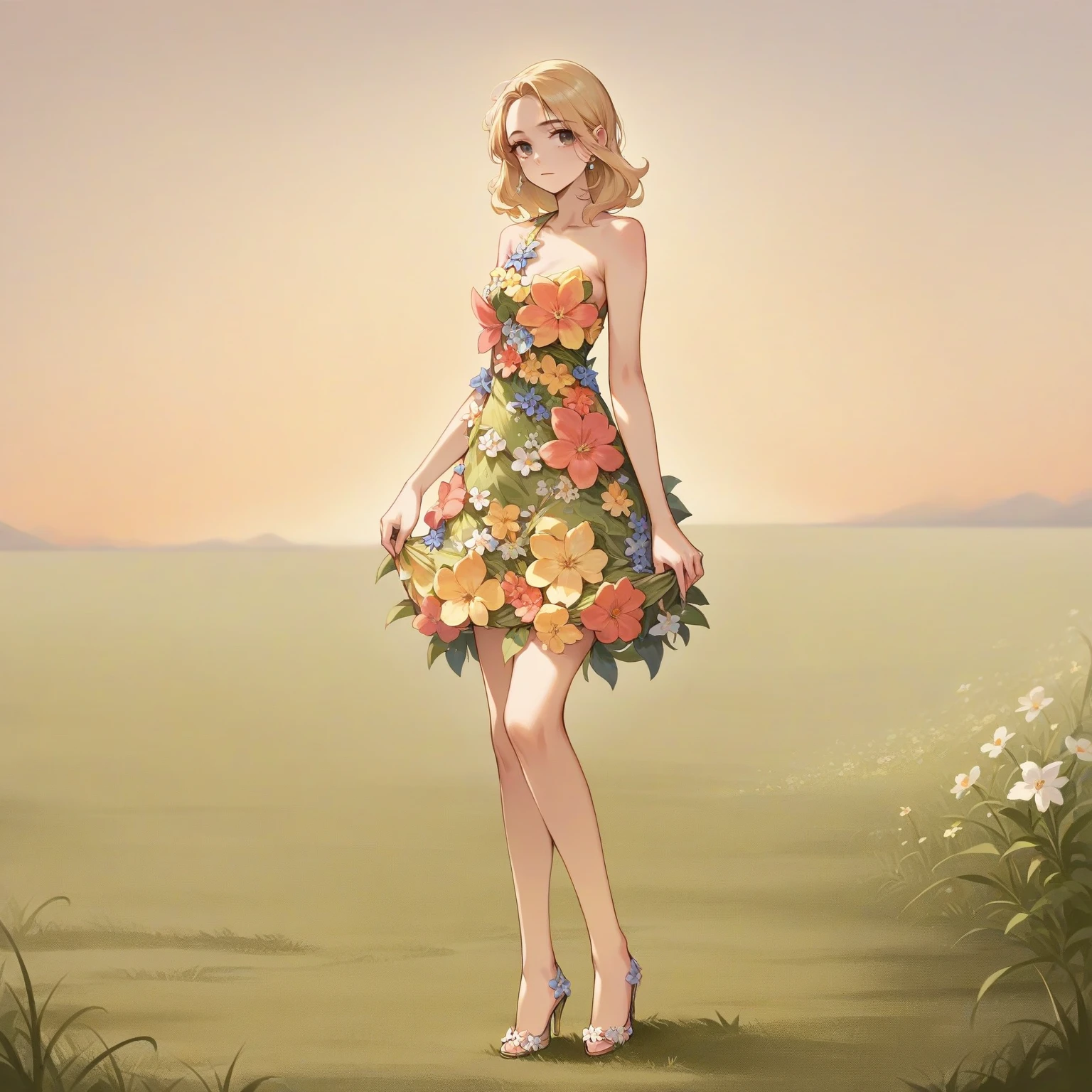 score_9. score_8_up, score_7_up, score_6_up, score_5_up, score_4_up, source_anime, woman, fl0r4l_1, flower dress, stiletto high heels, blonde hair, <lora:Floral_dress_pony_9:0.65>, open field, sunset, anime, chiffon