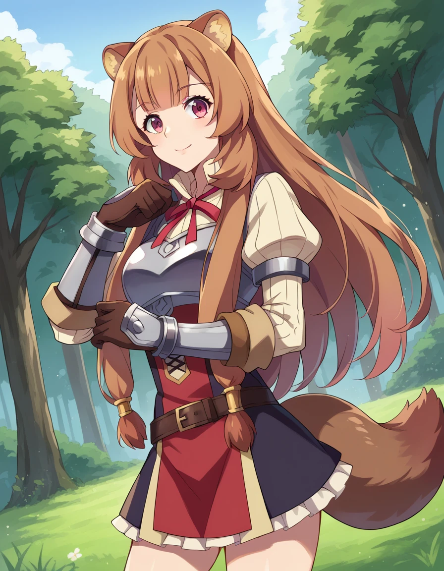 score_9, score_8_up, score_7_up, source_anime,
raphtalia, <lora:raphtalia-ponyxl-lora-nochekaiser:1>,
raphtalia, long hair, bangs, brown hair, animal ears, raccoon ears, raccoon tail, raccoon girl, pink eyes, smile,
long sleeves, sweater, ribbed sweater, puffy sleeves, breastplate, ribbon, red ribbon, gauntlets, glove, brown gloves, belt, skirt, armor,
outdoors, forest, nature,
looking at viewer, cowboy shot, dutch angle, dynamic pose,