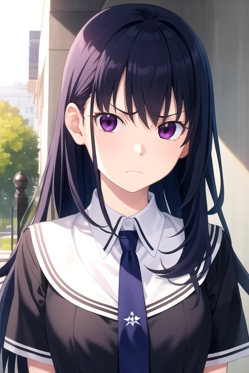 ((masterpiece)),(best quality),official art,extremely detailed CG,unity 8k wallpaper,ultra detailed,beautiful detailed eyes,extremely detailed face,outdoors,1girl,solo,upper body,(portrait:1.5),looking at viewer,facing viewer,nubile,frown,Sakaki Yumiko,very long hair,black hair,bangs,purple eyes,school uniform,collared dress,white collared,black dress,white shirt,short sleeves,blue necktie,large breasts,black socks,loafers,<lora:Sakaki Yumiko(gk)>,