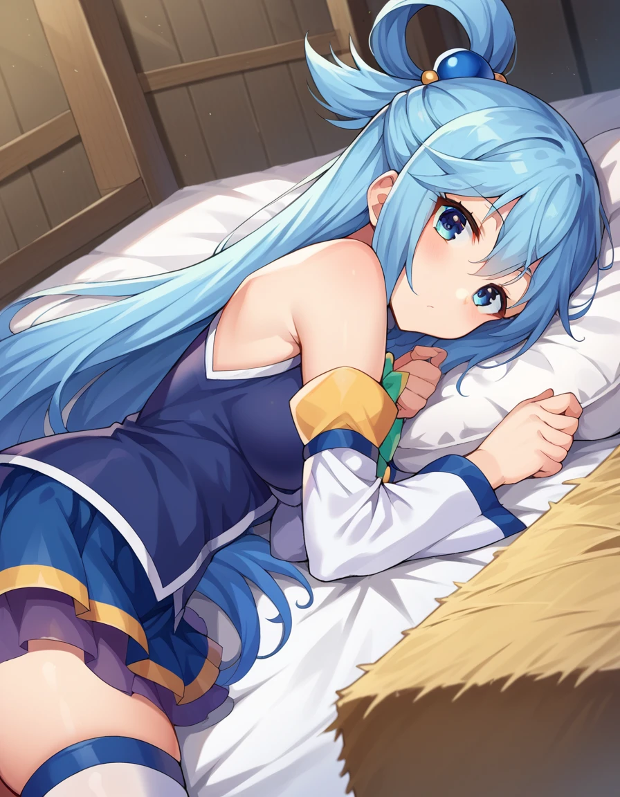 score_9, score_8_up, score_7_up, source_anime,
konosubaaqua, <lora:konosuba-aqua-ponyxl-lora-nochekaiser:1>,
aqua, long hair, blue eyes, hair ornament, very long hair, blue hair, hair rings, single hair ring, hair bobbles,
skirt, shirt, thighhighs, bare shoulders, detached sleeves, white thighhighs, blue skirt, blue shirt, green bow,
indoors, stable, hay, sleeping, blanket,
looking at viewer, cowboy shot, dutch angle,