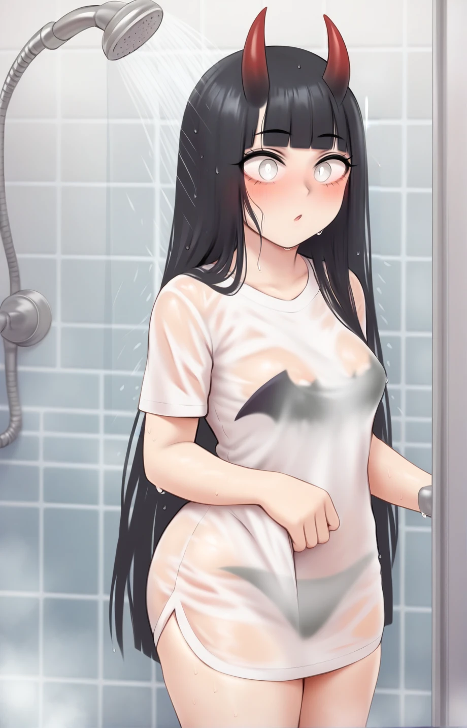 ((masterpiece, highest quality:1.3)),nsfw,POV,having hard sex,motion line,cowboy shot,25 year old beauty,solo,very small head,black hair,long hair,black eyes,blunt,skinny,medium breasts,long body,slender body,skinny,shiny skin,oily skin,wet,shy,orgasm face,open mouth,drooling,Heavy breathing、naked,nipples,clavicle,navel,vaginal penis,、black_thighhighs,sitting,spread legs,take a shower,simple shower room、simple hotel、