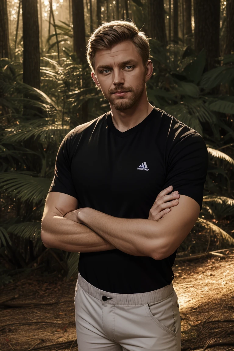 all, giant, middle-aged man wearing small shorts, um com regata branca e outro sem camisa, looking at a smaller man in the forest, photography and cinematic style, epiCRealism, (masterpiece), (best quality), high resolution, thin body, photographic texture, film effect , body texture, high sharpness, very hairy body. Inspirando-se na fotografia de Greg Rutkowski, maintain a high level of realism while highlighting the man's natural, rugged appearance