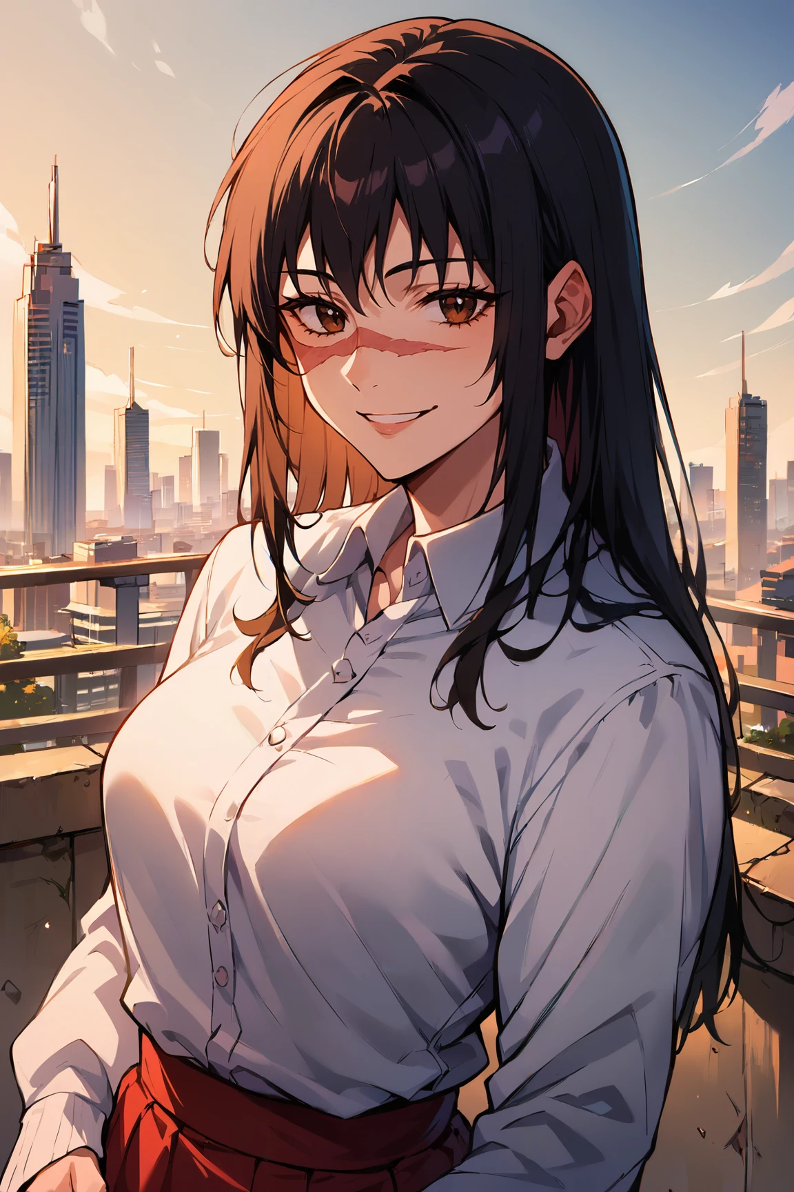 <lora:utahime_iori_jjk_xl:1>, score_9,score_8_up,score_7_up,score_6_up,utahime jjk, long hair, looking at viewer, skirt, 1girl, outdoors, scar, long sleeves, breasts, scar on face, solo, solo focus, bangs,brown eyes,black hair,sunny day, clear sky, cityscape, skyscraper, contemporary, smile, happy, upper body, portrait
