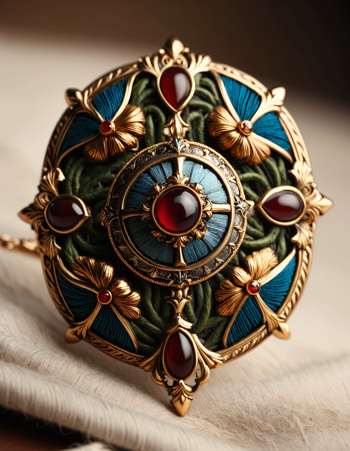 product photography of a brooch, zavy-lndskncht, atmospheric lighting, low key lighting, 100mm f/2.8 macro lens, fabric