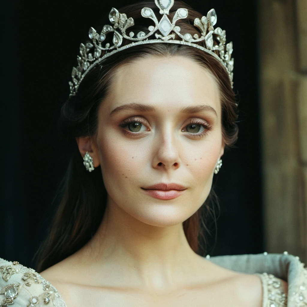 (Skin texture),High qualitycloseup face portrait photo, analog, film grain, actress dressed as a medieval queen with a delicate diamond tiara,regal, <lora:eliolsen_v4_xl_4_standard_wo_cap_merger_31_45_86_03_03_04:1>