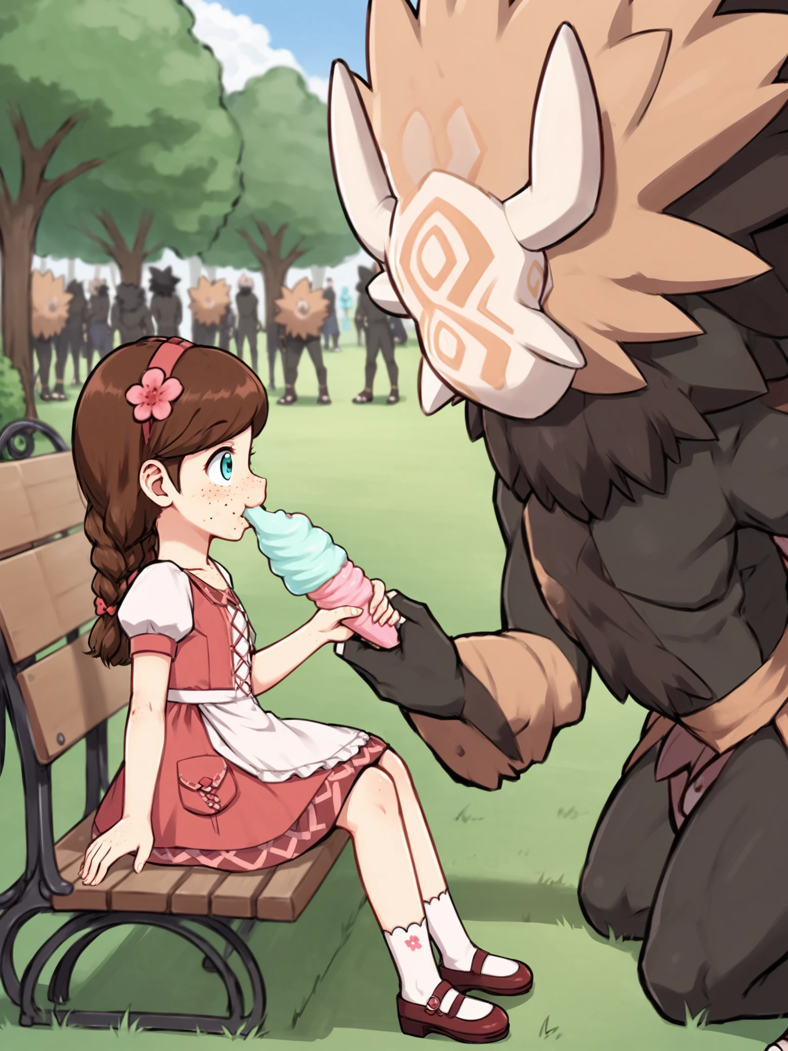 score_9, score_8_up, score_7_up, score_6_up, score_5_up, source_anime BREAK
<lora:Genshin_NPC_EllaMusk_Pony_v1:0.8>, 1girl, 1boy, solo, full body, (park, grass, trees, sitting on park bench together:1.3), (everyone eating icecream:1.9), (hilichurl:1.8), (wearing loincloth, teal eyes, brown hair, swept bangs, twin braids, (hair flower:1), collarbone, pink dress, flower pattern, short sleeves, white sleeves, (white apron:1.1), puffy sleeves, white socks, bobby socks, brown footwear, (mary janes:1.5), (freckles on cheeks and nose:1.3), (tareme:1.5), smiling, happy, from side, (size difference:1.3), open mouth,