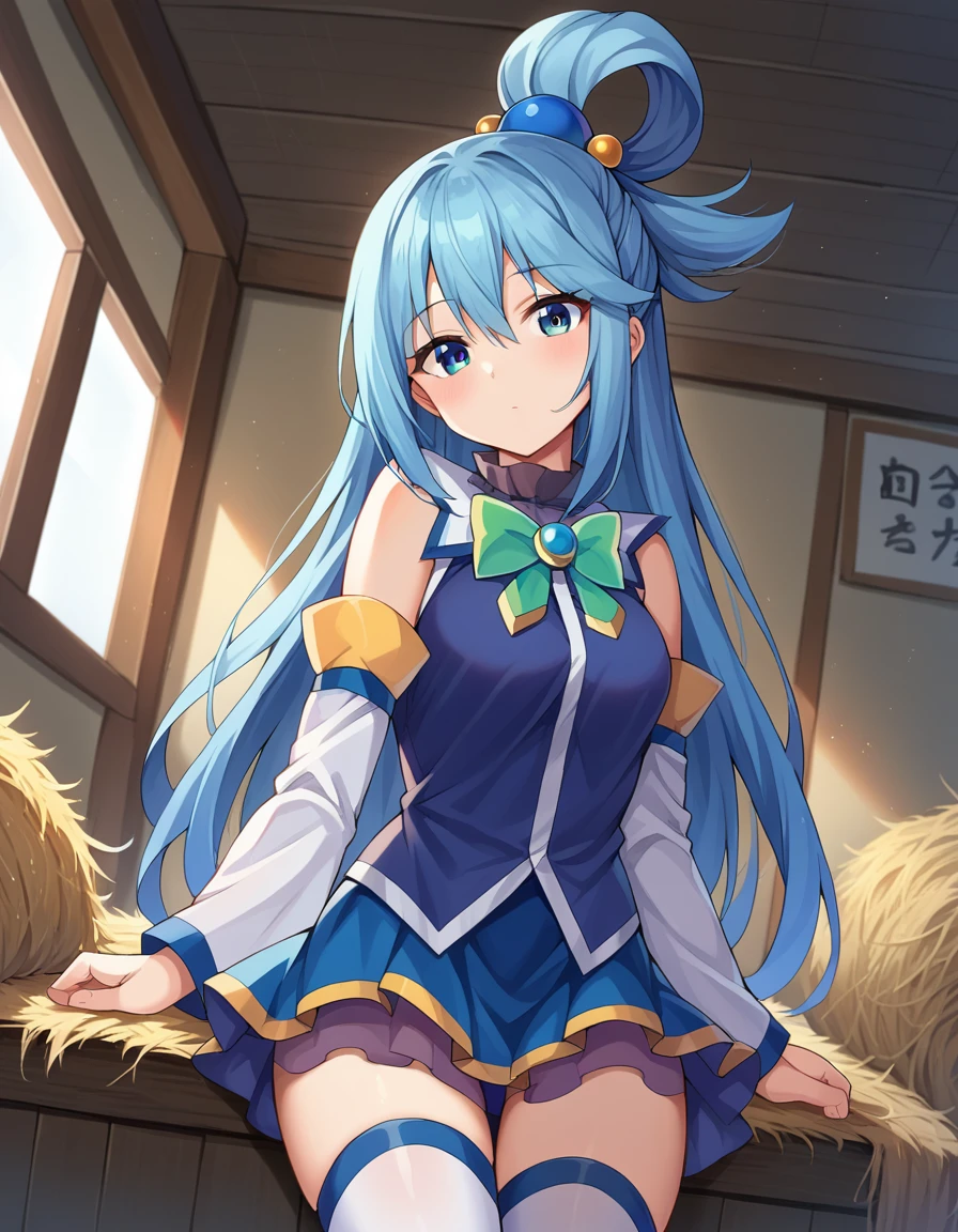 score_9, score_8_up, score_7_up, source_anime,
konosubaaqua, <lora:konosuba-aqua-ponyxl-lora-nochekaiser:1>,
aqua, long hair, blue eyes, hair ornament, very long hair, blue hair, hair rings, single hair ring, hair bobbles,
skirt, shirt, thighhighs, bare shoulders, detached sleeves, white thighhighs, blue skirt, blue shirt, green bow,
indoors, stable, hay, sleeping, blanket,
looking at viewer, cowboy shot, dutch angle,