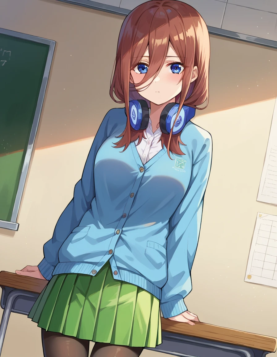score_9, score_8_up, score_7_up, source_anime,
mikunakano, <lora:miku-nakano-pruned-ponyxl-lora-nochekaiser:1>, 
miku nakano, long hair, bangs, blue eyes, brown hair, shirt, hair between eyes, headphones, cardigan, headphones around neck,
skirt, shirt, long sleeves, white shirt, pantyhose, pleated skirt, black pantyhose, cardigan, green skirt, blue cardigan,
indoors, classroom, 
looking at viewer, cowboy shot, dutch angle,