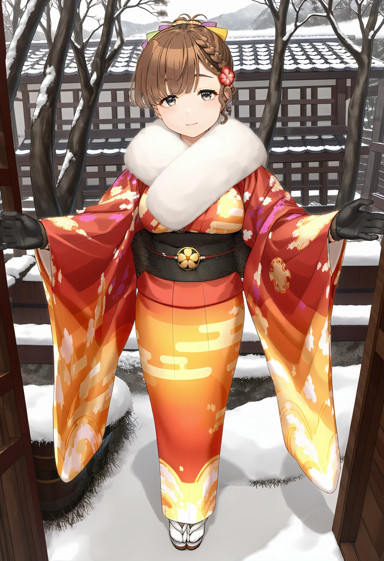 1girl, asahiny, (yuzu modoki), black eyes, brown hair, mole under mouth, multicolored ribbon, hair flower, french braid, short ponytail, alternate hairstyle, furisode, (print kimono), fur scarf, fur-trimmed kimono, black obi, black gloves, fur-trimmed gloves, white socks, tabi, sandals, white footwear, large breasts, natural lighting, (masterpiece, best quality), outdoors, winter, from above, detailed scenery, (3d render:0.2), highly detailed, finely detailed, closed mouth, light smile, spread arms,  <lora:asahi_animaginexl_3-09:1>