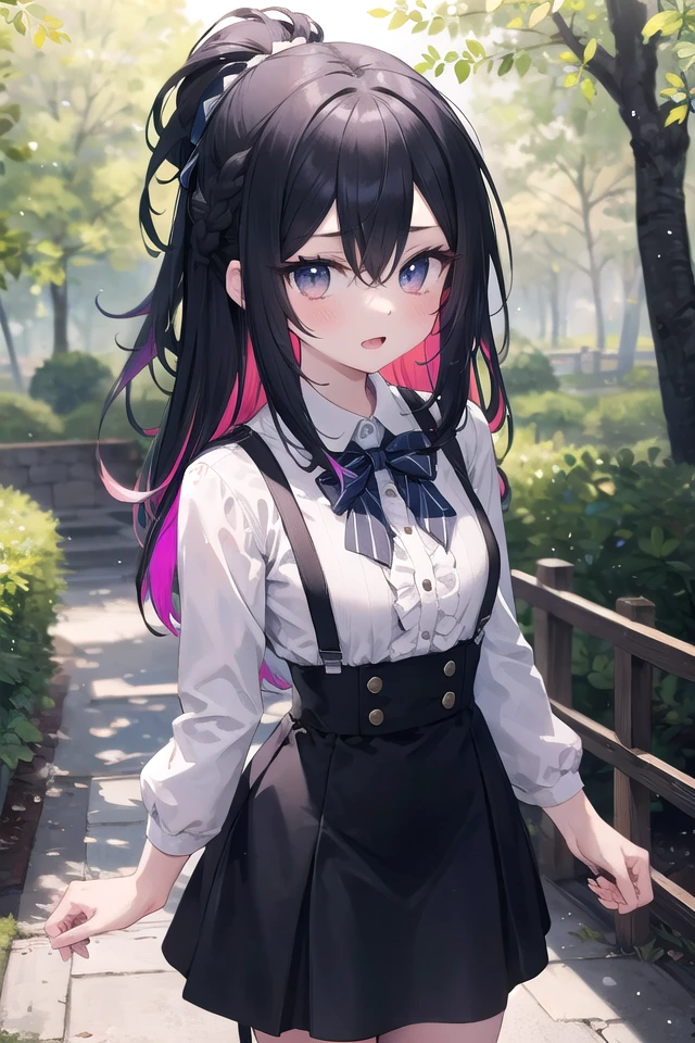 <lora:hotarueye_tsurime4_v100:1>, insanely detailed, absurdres, ultra-highres, ultra-detailed, best quality,
1girl, solo, nice hands, perfect hands
BREAK
braid, shirt, holding, mary janes, socks, black skirt, long hair, white shirt, suspender skirt, white socks, long sleeves, ribbon, suspenders, standing, ruffles, black ribbon, bow , black bow tie, long skirt, black bow, neck ribbon, bowtie, bag
BREAK
(nsfw:-1.5)
BREAK
expressionless, open mouth
BREAK
,
standing, cowboy shot, looking at viewer
BREAK
slender, kawaii, perfect symmetrical face, ultra cute girl, ultra cute face, ultra detailed eyes, ultra detailed hair, ultra cute, ultra beautiful
BREAK
in forest, depth of field, ultra detailed background
BREAK
medium large breasts
BREAK
(random color hair, multicolored hair:1.2), rainbow color eyes, topknot, hair between eyes