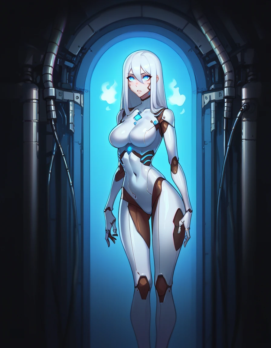 a white scary monster (in a testing room) )