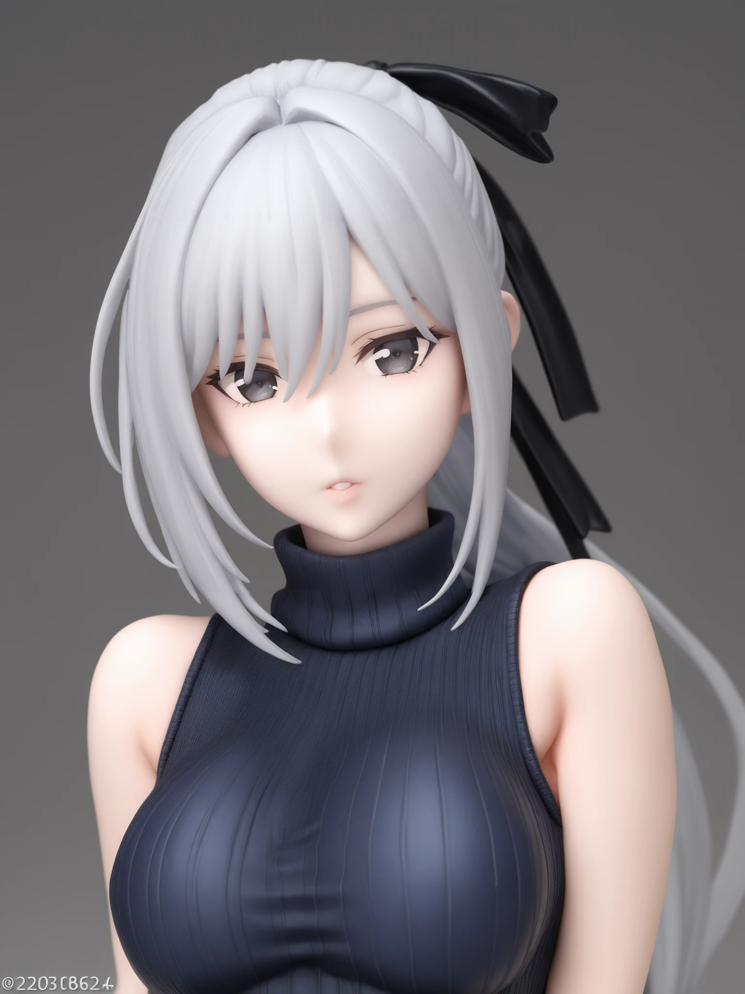 <lora:xl_figure style(kohaku_Delta)4-000005:1>,figure style,photorealistic,photo,1girl,solo,sweater,long hair,sleeveless,simple background,looking at viewer,ponytail,turtleneck,upper body,ribbed sweater,ribbon,breasts,silver hair,parted lips,hair ribbon,eyebrows visible through hair,bare shoulders,grey background,black eyes,low ponytail,black ribbon,bangs,sleeveless turtleneck,hair between eyes,medium breasts,dated,, masterpiece,best quality,