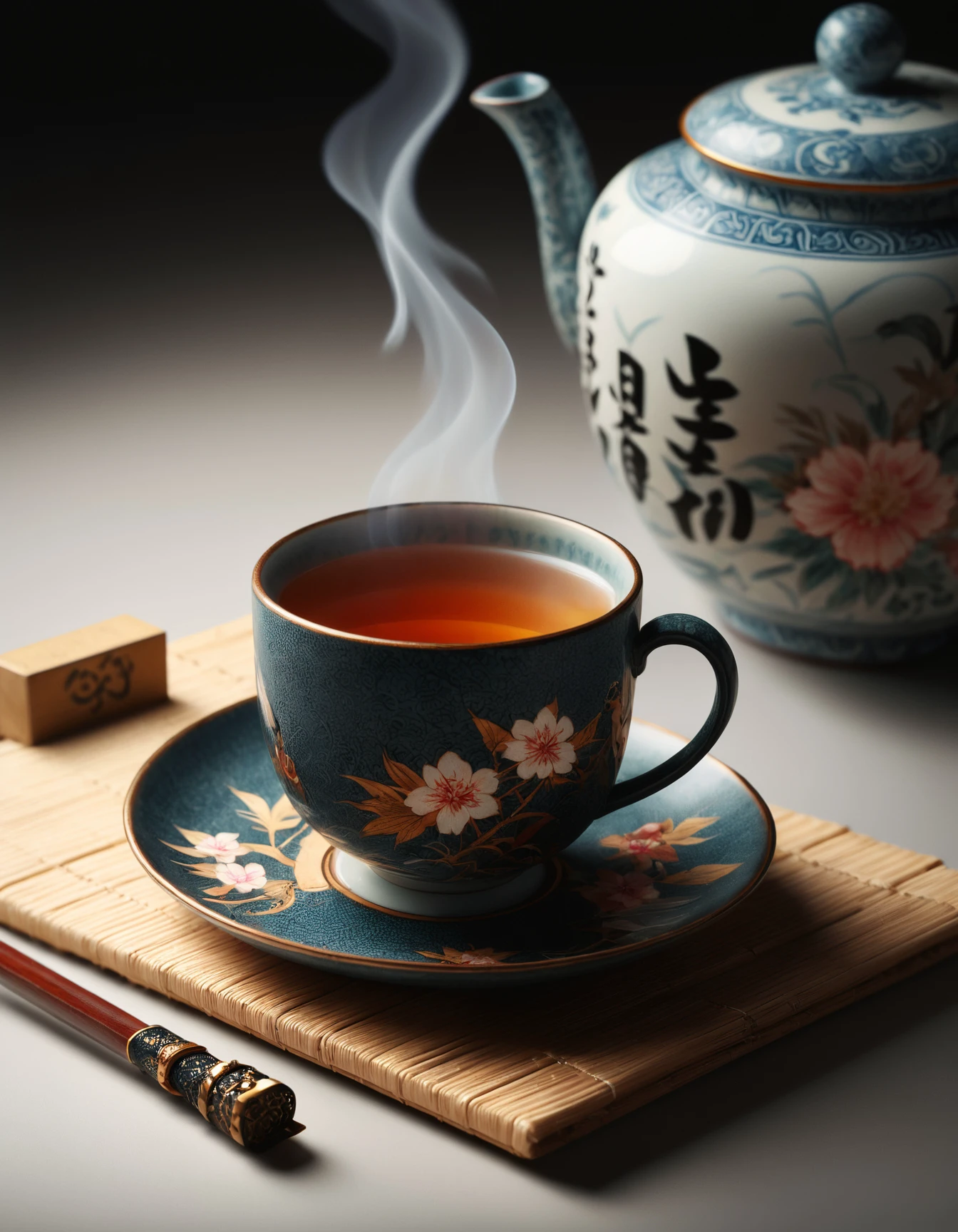 product photography of a cup of tea, zavy-sngkjd, masterpiece, award-winning, professional, highly detailed, atmospheric lighting, low key lighting, 100mm f/2.8 macro lens, fabric