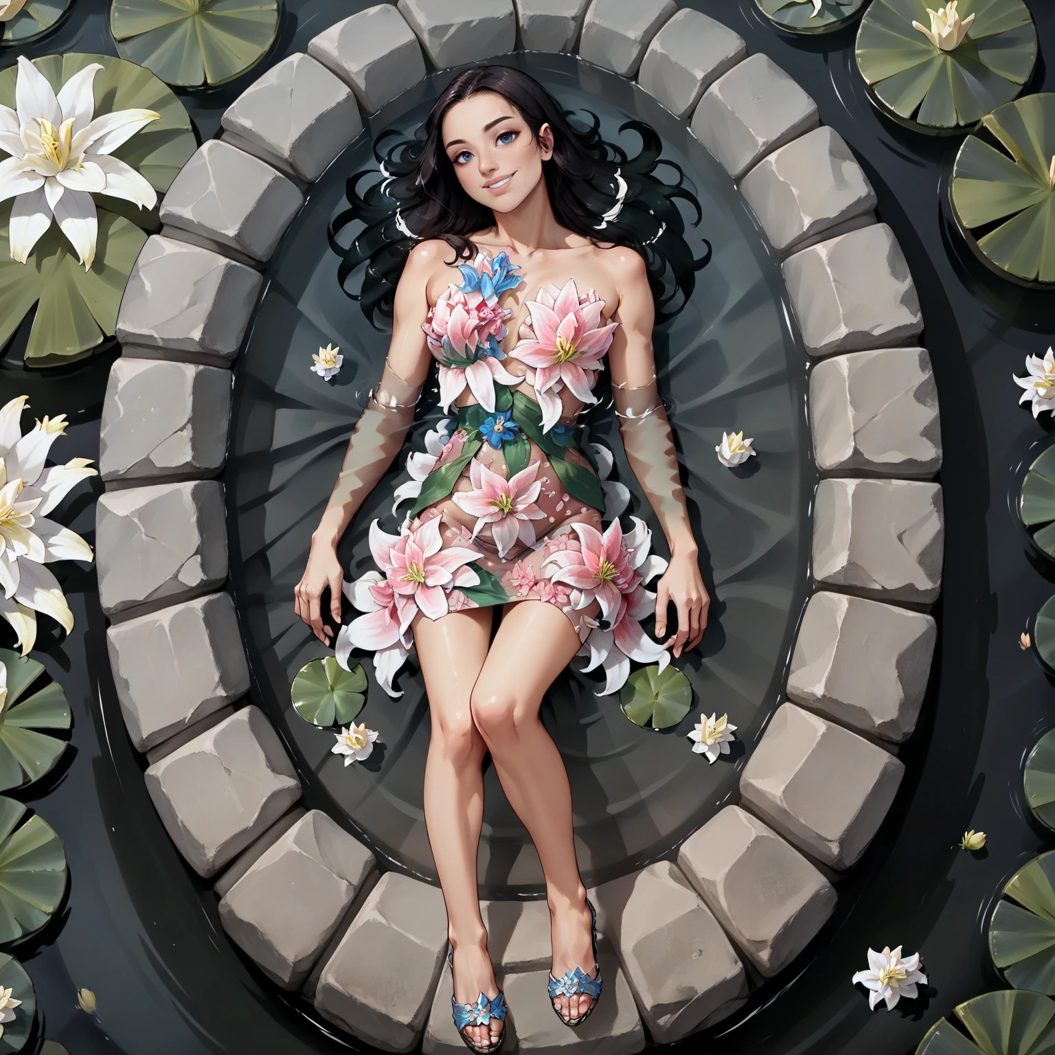 score_9. score_8_up, score_7_up, score_6_up, score_5_up, score_4_up, source_anime, film noir style (laying in shallow water, lilies surround her:1.3), from above, woman, smile, fl0r4l_1, floral dress, stiletto high heels, <lora:Floral_dress_pony_9:0.8>, dramatic, cinematic, best quality, high detail, high quality, high res, 4k,eyeliner, pouty lips, blue eyes, detailed skin texture, monochrome, high contrast, dramatic shadows, 1940s style, mysterious, cinematic