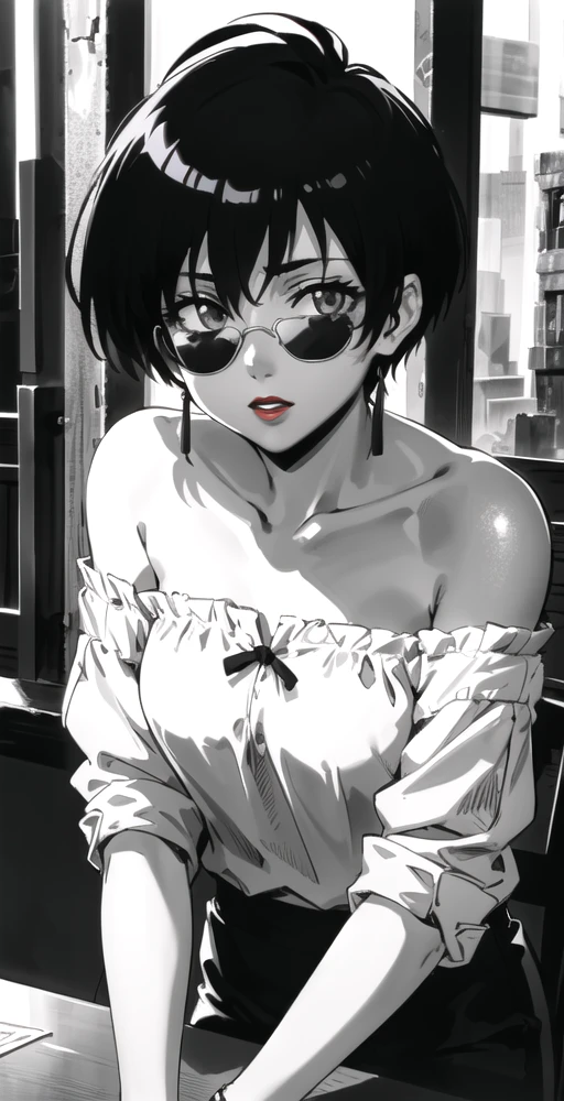 MSV2, 1girl, solo, upper body, leaning over table, leaning toward viewer, off shoulder shirt, bare shoulders, (dark sunglasses), looking at viewer, red lipstick, monochrome image, perfect quality, good quality, masterpiece, HDR, UHD <lora:Meryl Stryfe V2-000003:0.6>