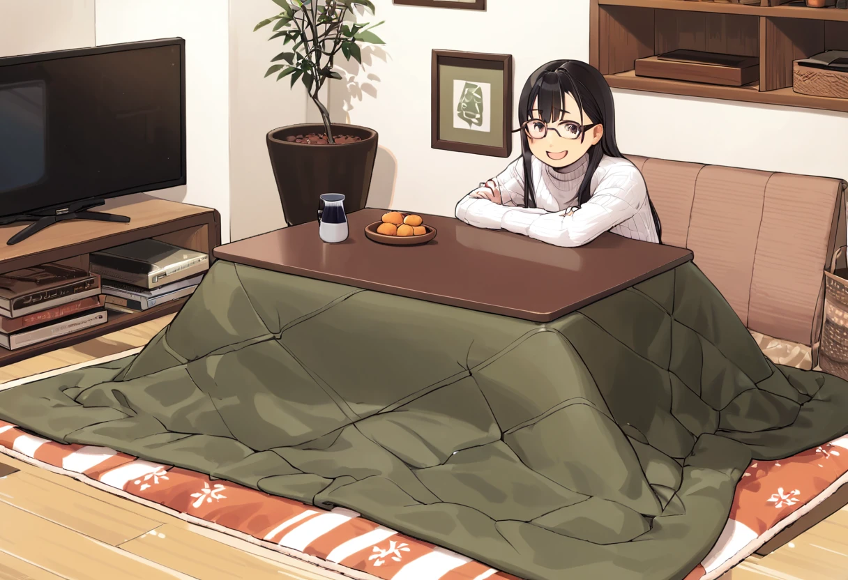 best quality, ultra-detailed, illustration, 
1girl, solo, glasses, black hair, long hair, white ribbed sweater, happy, smile, looking at viewer, open mouth, solo focus, sitting, across table, 
kotatsu, plant, book, scenery, wooden floor, cup, potted plant, indoors, chair, window, curtains, television, orange (fruit), lamp, cup
 <lora:col_xl:0.8> <lora:kotatsu_SDXL_V1:1>