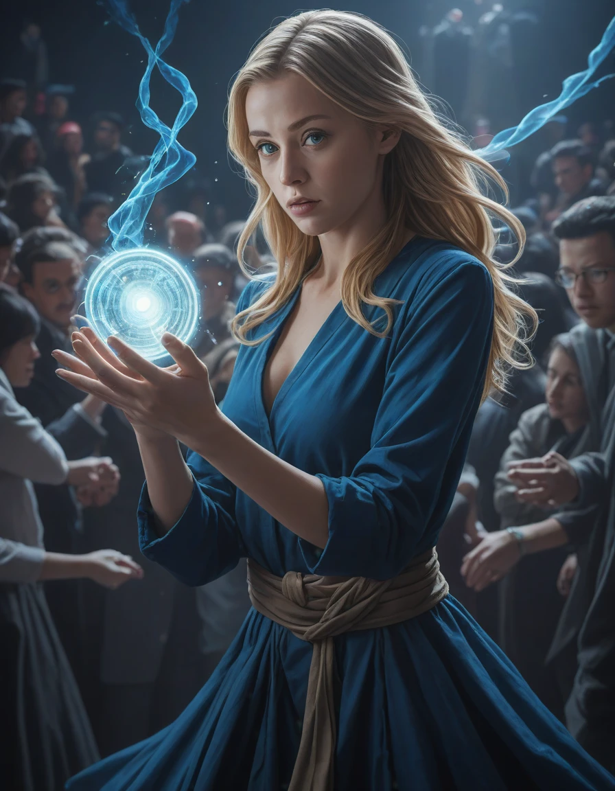Kristin Bell casting a lighting spell, blue lighting, D&D, fantasy, highly detailed, digital painting, trending on artstation, concept art, sharp focus, illustration, art by artgerm and greg rutkowski and magali villeneuve, twilight veil, merging realms, twilight hues, meeting point of light and darkness, <lora:crowd_notrigger:1.0>