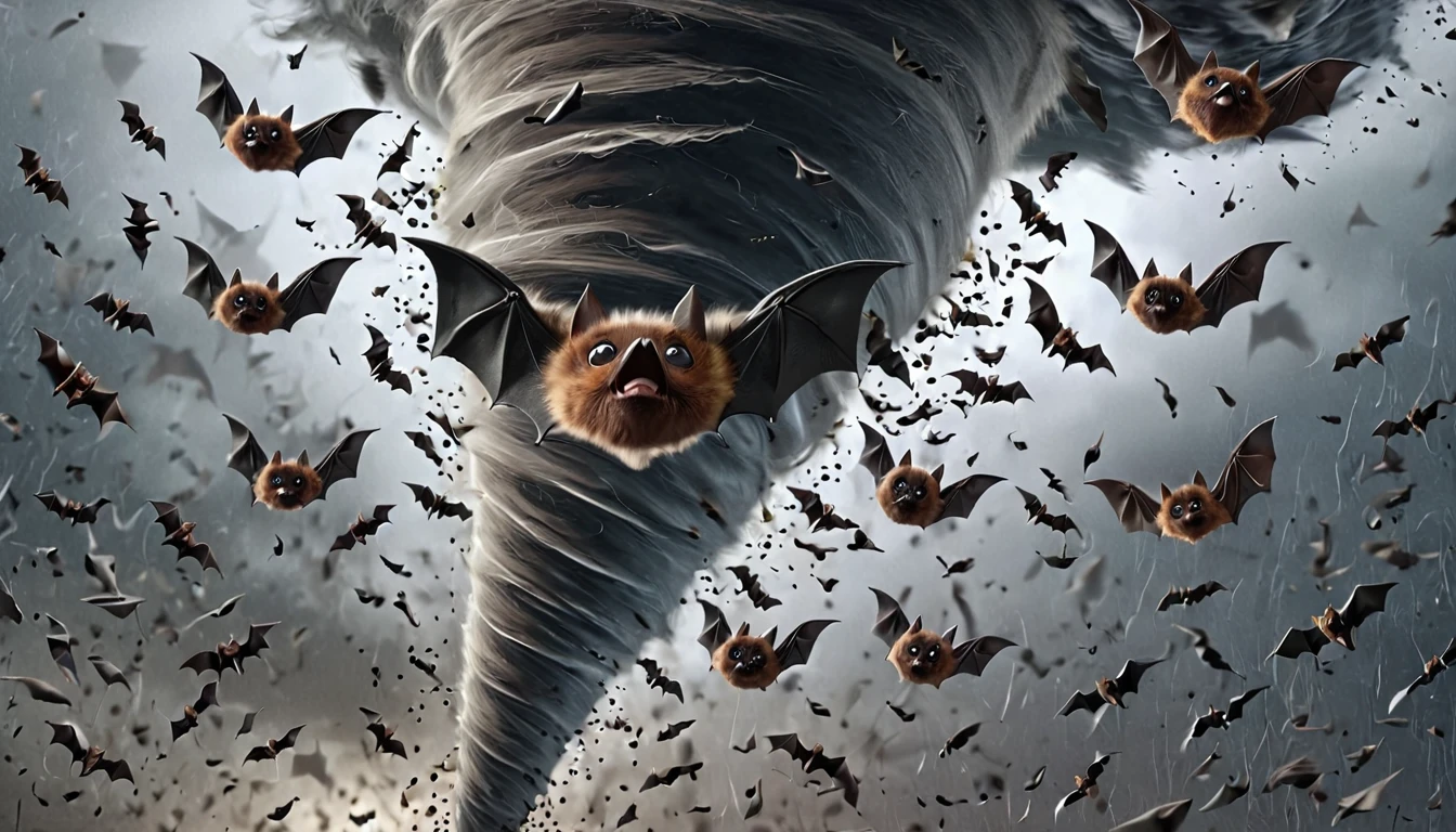 -NadoRay, cinematic, key art, group of Little Brown Bat flying high in a tornado