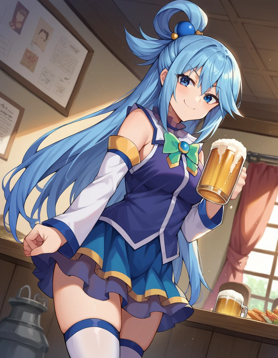 score_9, score_8_up, score_7_up, source_anime,
konosubaaqua, <lora:konosuba-aqua-ponyxl-lora-nochekaiser:1>,
aqua, long hair, blue eyes, hair ornament, very long hair, blue hair, hair rings, single hair ring, hair bobbles, smile, smug,
skirt, shirt, thighhighs, bare shoulders, detached sleeves, white thighhighs, blue skirt, blue shirt, green bow,
indoors, izakaya, food, beer, mug, holding mug, drinking,
looking at viewer, cowboy shot, dutch angle,