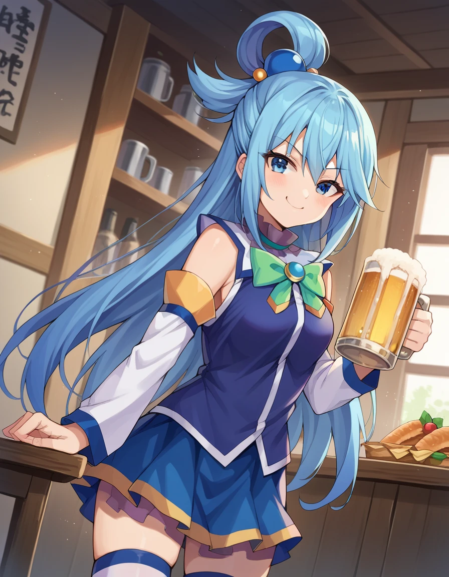 score_9, score_8_up, score_7_up, source_anime,
konosubaaqua, <lora:konosuba-aqua-ponyxl-lora-nochekaiser:1>,
aqua, long hair, blue eyes, hair ornament, very long hair, blue hair, hair rings, single hair ring, hair bobbles, smile, smug,
skirt, shirt, thighhighs, bare shoulders, detached sleeves, white thighhighs, blue skirt, blue shirt, green bow,
indoors, izakaya, food, beer, mug, holding mug, drinking,
looking at viewer, cowboy shot, dutch angle,