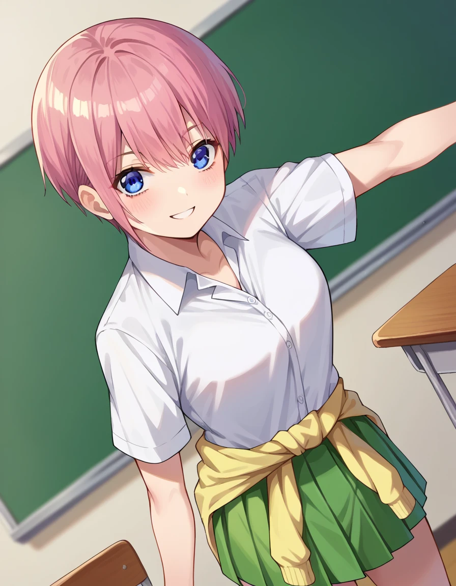score_9, score_8_up, score_7_up, source_anime,
ichikanakano, <lora:ichika-nakano-pruned-ponyxl-lora-nochekaiser:1>,
ichika nakano, short hair, bangs, blue eyes, hair between eyes, pink hair, pixie cut, smile,
skirt, shirt, school uniform, white shirt, short sleeves, pleated skirt, shoes, socks, collared shirt, black footwear, sweater, white socks, green skirt, loafers, clothes around waist,
indoors, classroom,
looking at viewer, cowboy shot, dynamic pose, dutch angle,