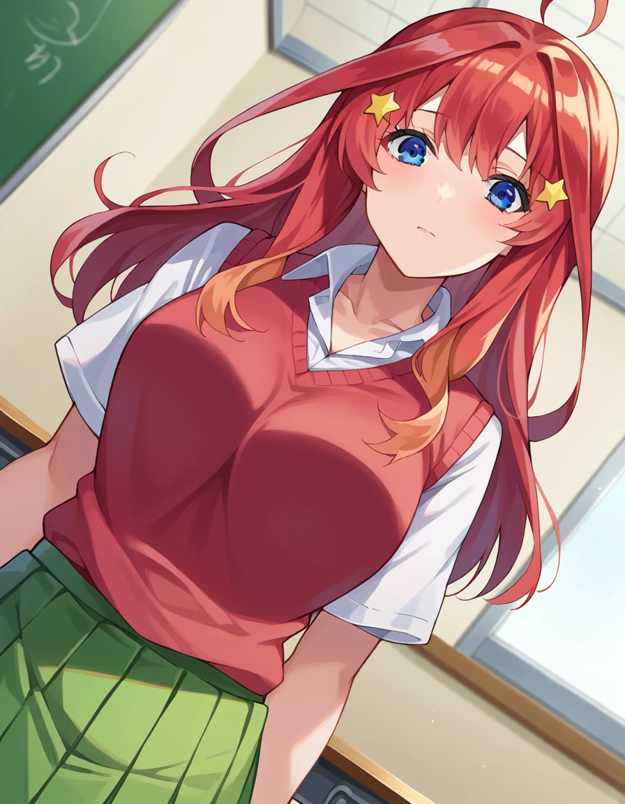 score_9, score_8_up, score_7_up, source_anime,
itsukinakano, <lora:itsuki-nakano-pruned-ponyxl-lora-nochekaiser:1>,
itsuki nakano, bangs, blue eyes, hair between eyes, ahoge, red hair, star \(symbol\), hair ornament, star hair ornament, mature female,
skirt, shirt, school uniform, collarbone, white shirt, short sleeves, pleated skirt, socks, collared shirt, miniskirt, kneehighs, white socks, green skirt, sweater vest, red sweater vest,
indoors, classroom,
looking at viewer, cowboy shot, dutch angle,