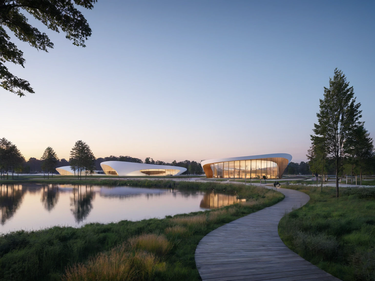 The picture shows a modern architectural structure located near a water body. The building adopts a smooth curved design that combines white and wooden materials. It overlooks a peaceful lake surrounded by lush green plants and tall trees. The sky is clear and the color gradient suggests dawn or dusk. In the foreground, there is a small path where you can see several people walking<lora:binshui-000025:0.6>