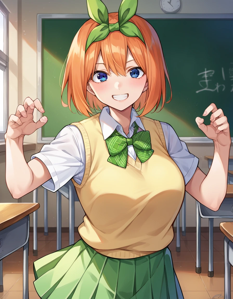 score_9, score_8_up, score_7_up, source_anime,
yotsubanakano, <lora:yotsuba-nakano-pruned-ponyxl-lora-nochekaiser:1>,
yotsuba nakano, bangs, short hair, blue eyes, hair between eyes, hair ribbon, hairband, orange hair, green ribbon, smile, grin, mature female,
skirt, shirt, bow, ribbon, school uniform, white shirt, short sleeves, pleated skirt, shoes, socks, collared shirt, miniskirt, bowtie, black footwear, kneehighs, green skirt, black socks, loafers, green bow, sweater vest, green ribbon, yellow sweater vest,
indoors, classroom,
looking at viewer, cowboy shot, dynamic pose, dutch angle,
