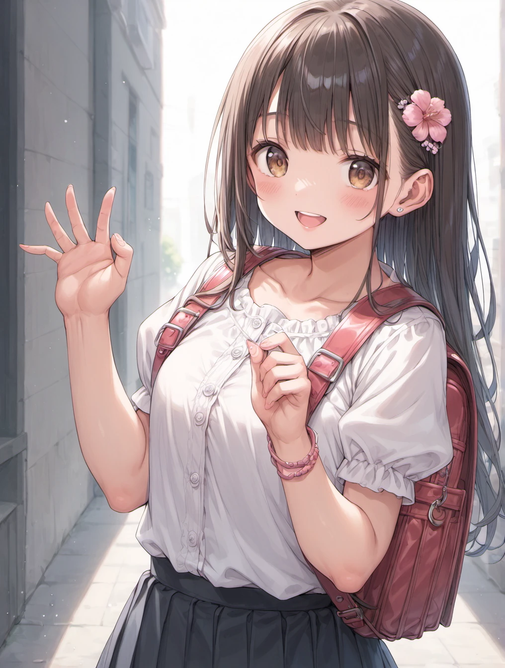 score_9, score_8_up, score_7_up,source_anime,BREAK  rating_explicit,uncensored,1girl,  gyaru,:d, backpack, bag, brown eyes, brown hair, collarbone, eyelashes, flower, grey background, hair flower, hair ornament, hands up, holding, holding bag, long hair, looking at viewer, open mouth, outdoors, pink flower, puffy short sleeves, puffy sleeves, shirt, short sleeves, simple background, smile, solo, teeth, upper body, upper teeth only, white shirt