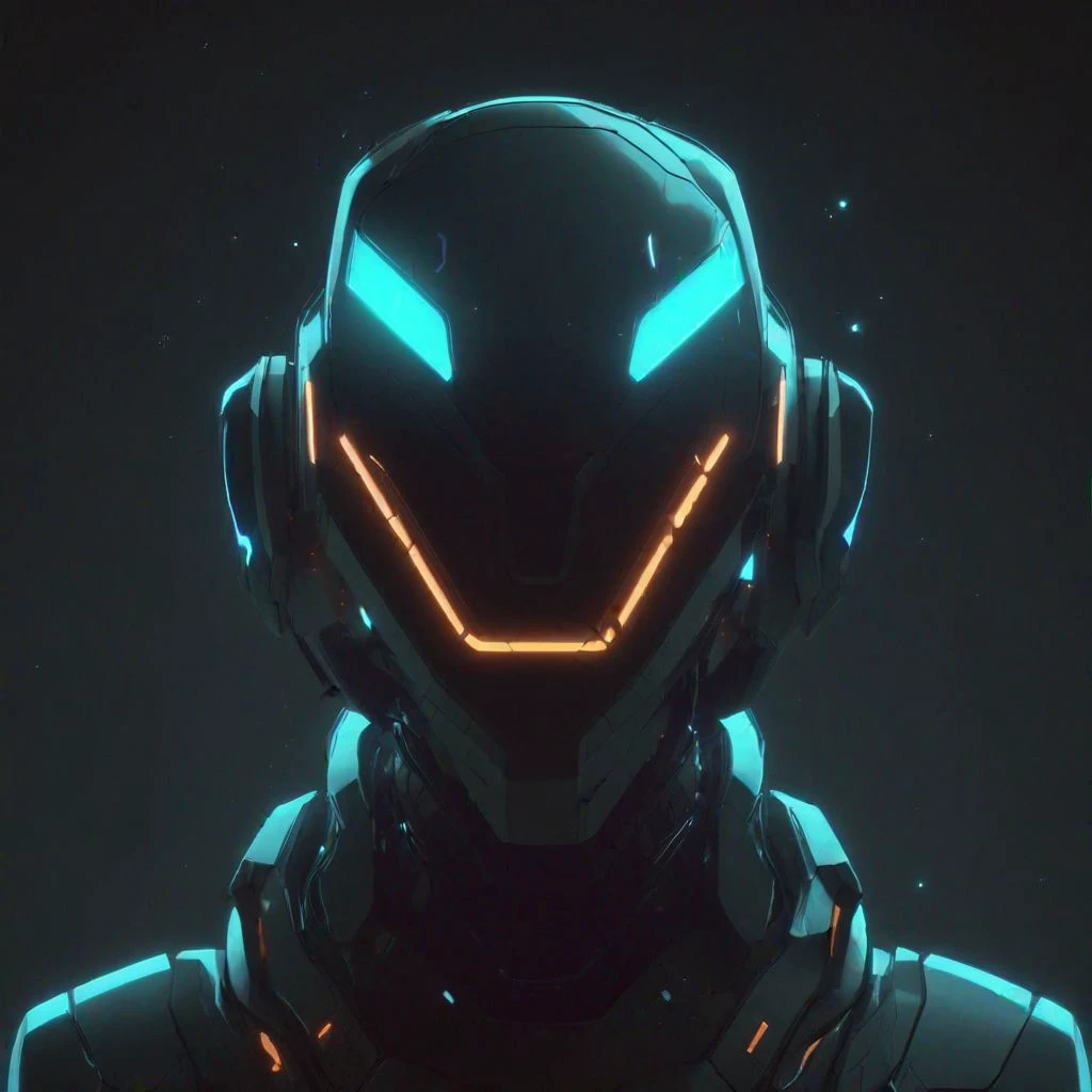 a futuristic robot with a glowing helmet on his head and a glowing neon light on his face, in a dark space