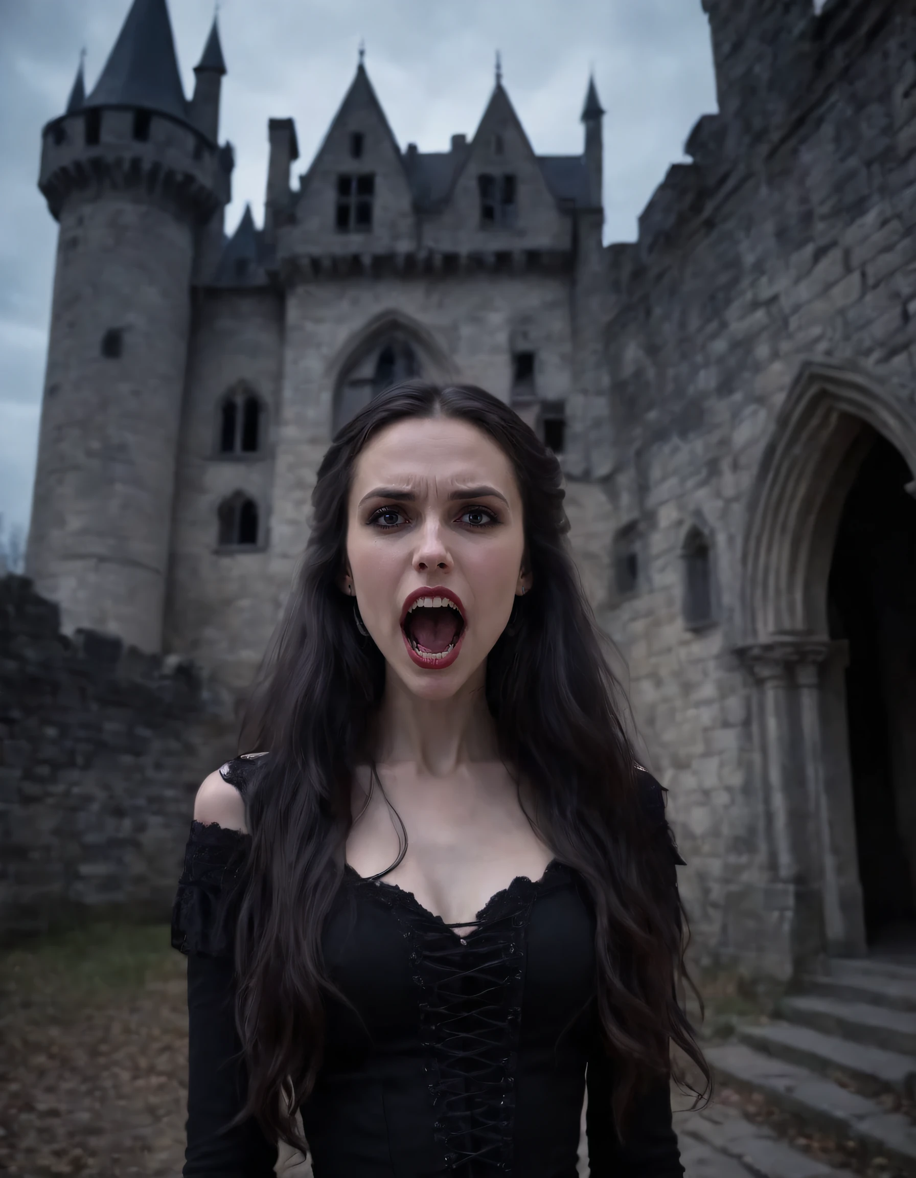 Magyar vampire girl, vampire fangs in her mouth, Gothic, old castle in background, 4k, dramatic lighting, detailed skin, sharp focus on object., long_hair, looking_at_viewer, natural lighting, depth of field. In a stunning scene, the Magyar vampire girl, Roxy Cook with her long hair cascading down her back and black hair subtly highlighting her Gothic demeanor, stands proudly with fangs in her mouth, gazing directly at the viewers within an ancient castle lit by both dramatic lighting and natural illumination. The castle, old yet grandiose, is a fitting backdrop for this mysterious being as she commands attention, displaying her intricate skin detail under 4k resolution while the depth of field focuses on her sharp fangs. Beneath a seemingly everlasting darkness, Roxy's presence becomes vividly real with the help of the dramatic lighting that casts shadows upon her face and body, further emphasizing her vampire persona as she uses her sharp focus to look directly into our souls. The scene is forever captured in this timeless photograph, allowing us to truly appreciate the beauty of this enigmatic subject and remember her as the hauntingly elegant Gothic vampire girl from the old castle, forever encapsulated within its depths. <lora:hqpzgx18e0575446dw2c2:1>