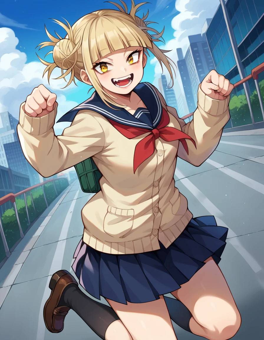 score_9, score_8_up, score_7_up, source_anime,
himikotoga, <lora:himiko-toga-ponyxl-lora-nochekaiser:1>,
himiko toga, bangs, blonde hair, yellow eyes, blunt bangs, hair bun, double bun, messy hair, smile, open mouth,
skirt, long sleeves, school uniform, pleated skirt, shoes, serafuku, socks, sailor collar, blue skirt, neckerchief, kneehighs, brown footwear, cardigan, black socks, loafers, red neckerchief, yellow cardigan,
outdoors, cityscape,
looking at viewer, cowboy shot, dutch angle, dynamic pose,