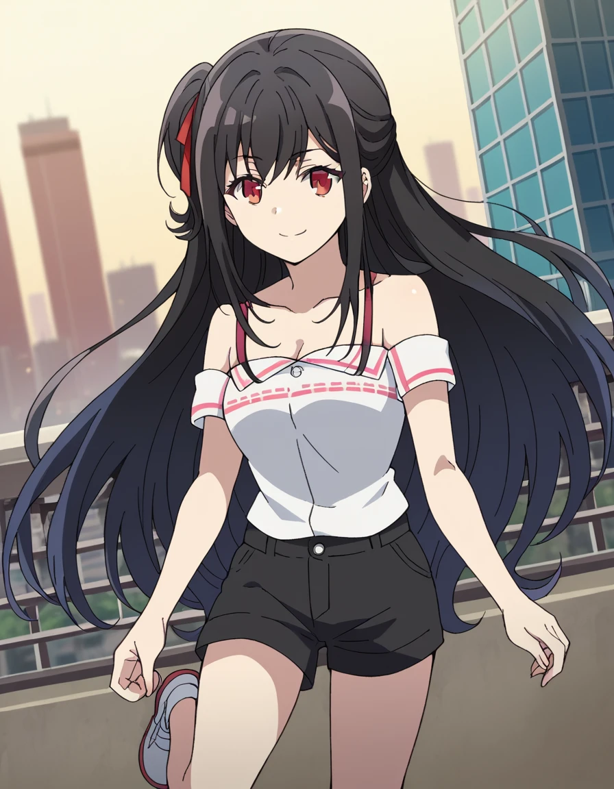 score_9, score_8_up, score_7_up, source_anime,
nagisanatsunagi, <lora:nagisa-natsunagi-ponyxl-lora-nochekaiser:1>,
nagisa natsunagi, long hair, black hair, red eyes, very long hair, one side up, smile,
shirt, cleavage, bare shoulders, collarbone, white shirt, shoes, shorts, off shoulder, short shorts, black shorts, white footwear, off-shoulder shirt,
outdoors, cityscape,
looking at viewer, cowboy shot, dutch angle, dynamic pose,