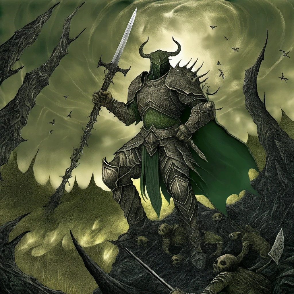 (A captivating medieval painting featuring a unique and mysterious green knight. He is encased in green armor, with intricate vines and leaves intertwined across his body. The knight stands tall and proud, holding a massive ax with a menacing blade. The background is a dark, foggy forest, with tall trees and a dim moon casting a haunting glow., painting:0.5)
