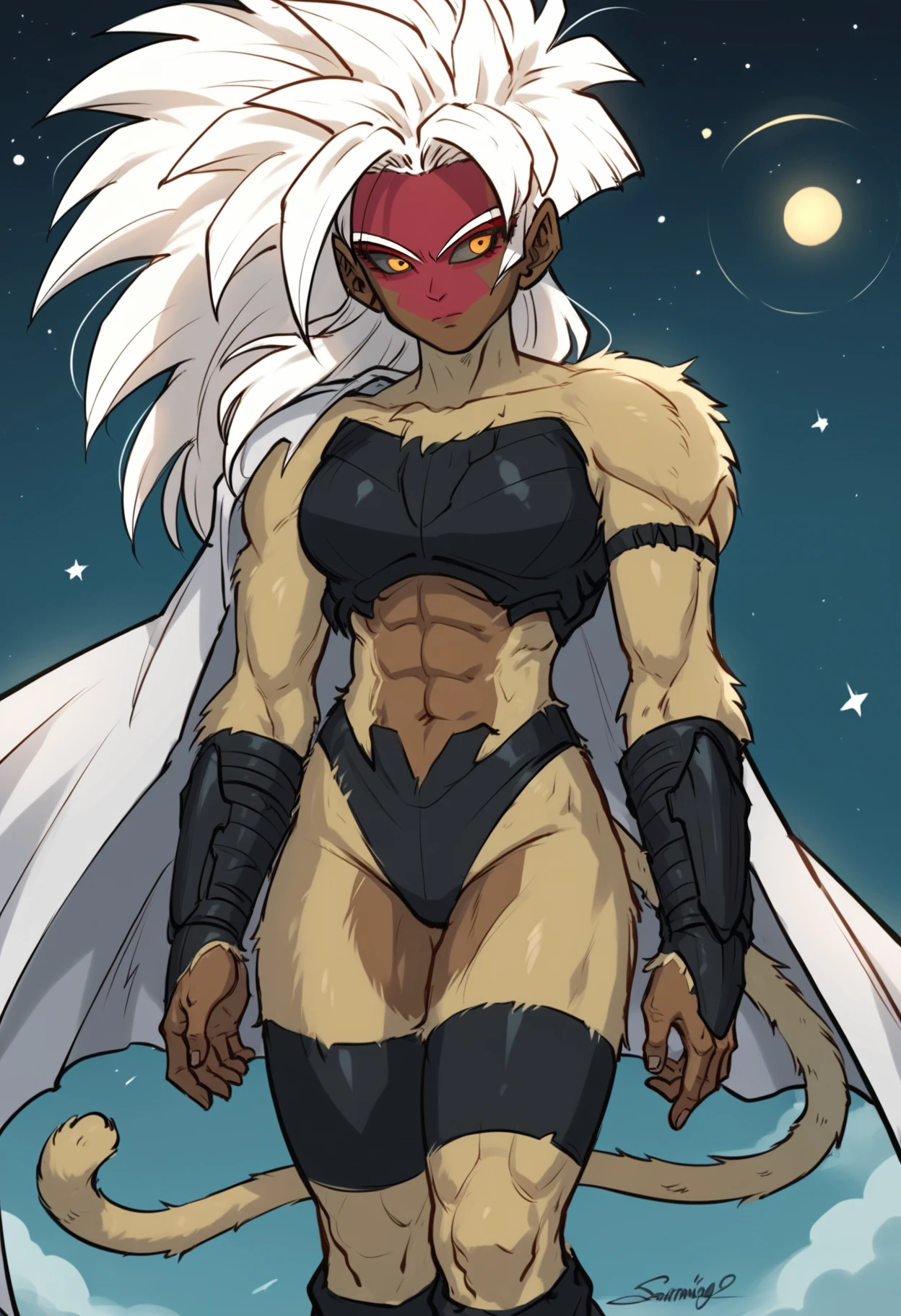 (score_9, score_8_up), score_7_up, score_6_up, score_5_up, score_4_up, Sento Saiyan, body fur, blonde fur, dark skin, dark-skinned, white hair, yellow eyes, black sclera, blonde monkey tail, red facepaint, 1girl, long hair, white hair, white cape, (space) black saiyan armor, (black armor), full armor, saiyan armor, black thighhighs, flying, floating, in space, void, stars, looking away, expressionless <lora:Smooth Anime Style LoRA XL:0.7> <lora:Sento_Saiyans_XL:0.9>