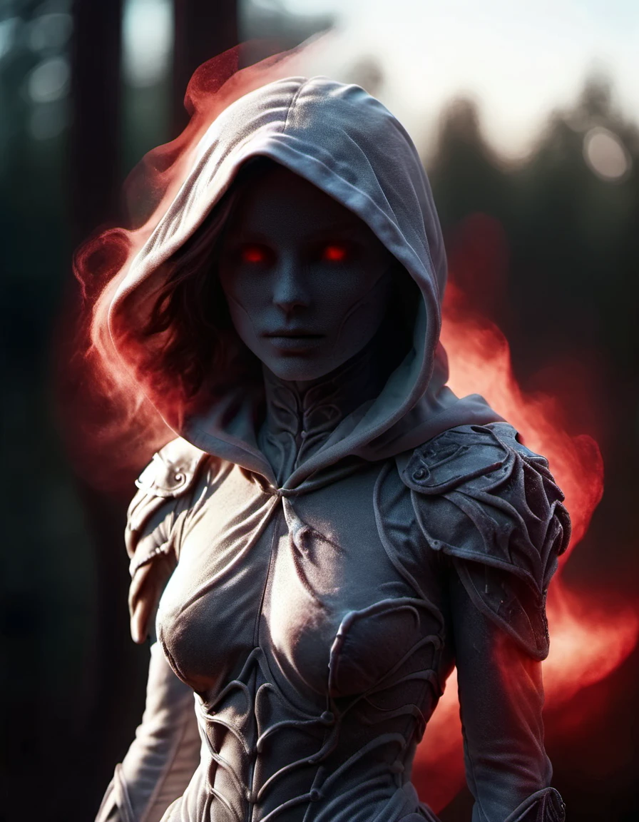 A dark ghostly female silhouette. Divinity of Air. Light white armor. Canvas hood. Wind. Seductive and dangerous. power inside. Glowing eyes. Bokeh blur. photorealistic <lora:ral-rdvlv:1> ral-rdvlv