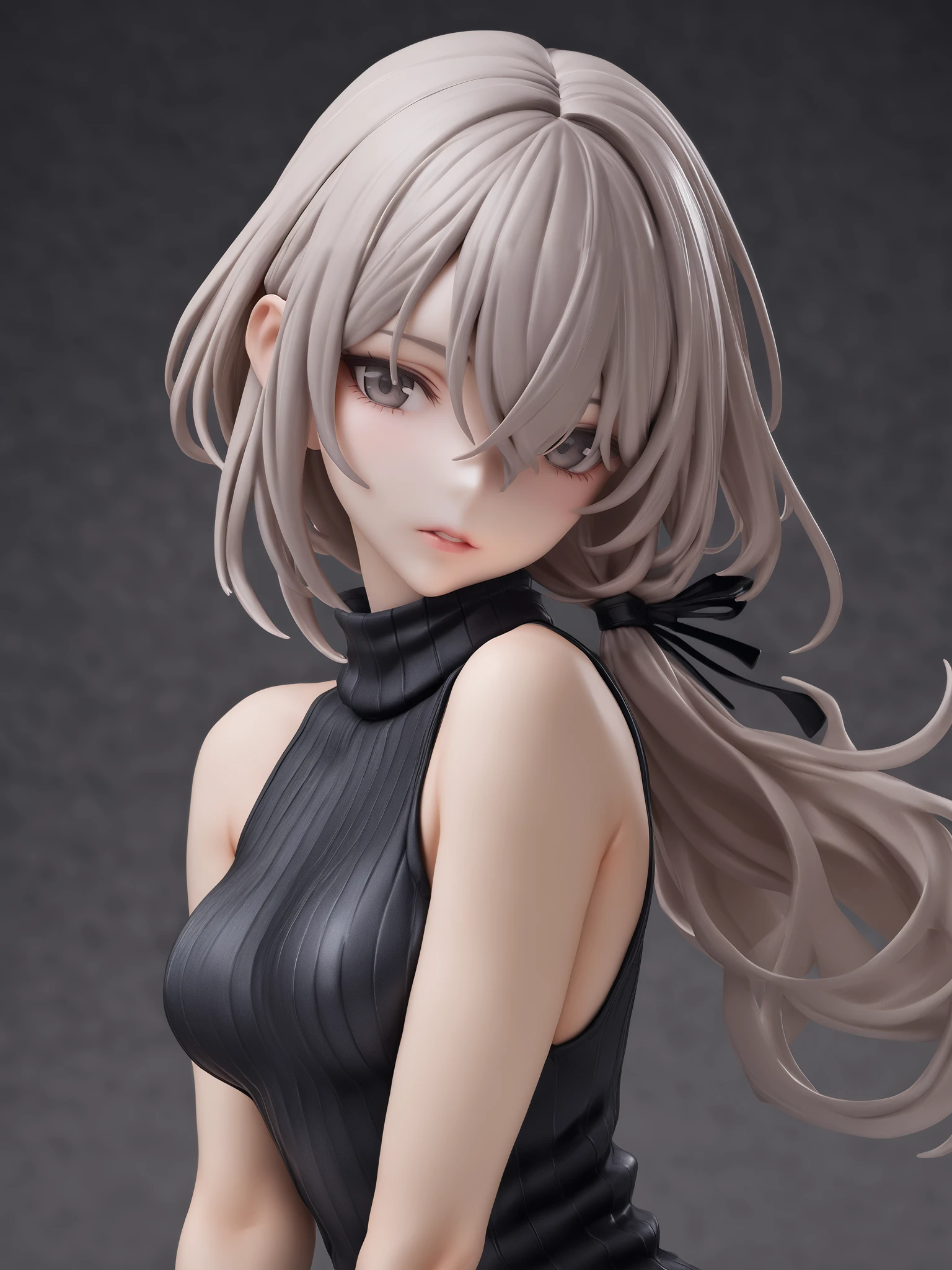 <lora:xl_figure style(kohaku_Delta)4-000005:1>,figure style,photorealistic,photo,1girl,solo,sweater,long hair,sleeveless,simple background,looking at viewer,ponytail,turtleneck,upper body,ribbed sweater,ribbon,breasts,silver hair,parted lips,hair ribbon,eyebrows visible through hair,bare shoulders,grey background,black eyes,low ponytail,black ribbon,bangs,sleeveless turtleneck,hair between eyes,medium breasts,dated,, masterpiece,best quality,