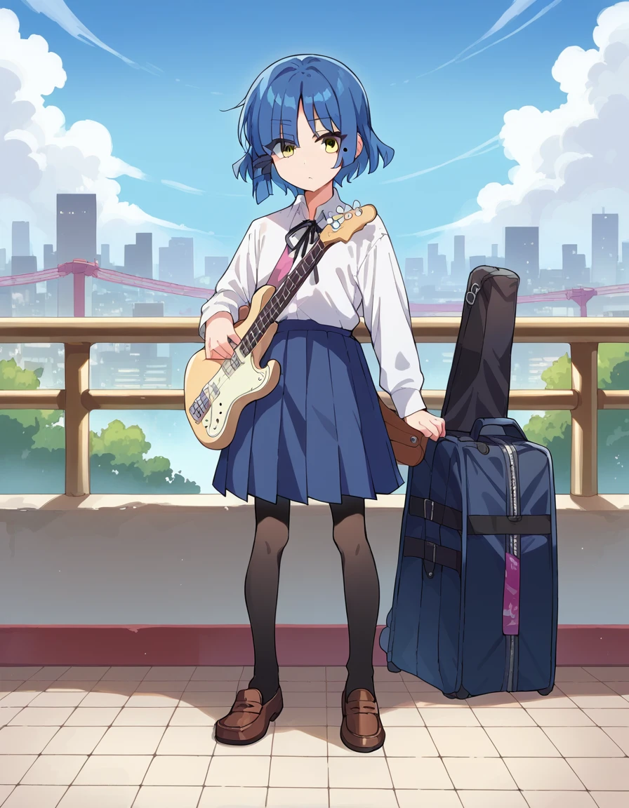 score_9, score_8_up, score_7_up, source_anime,
ryouyamada, <lora:ryou-yamada-ponyxl-lora-nochekaiser:1>,
ryou yamada, blue hair, eyes visible through hair, mole, mole under eye, short hair, yellow eyes, hairclips,
black pantyhose, black ribbon, blue skirt, brown footwear, loafers, long sleeves, pantyhose, ribbon, school uniform, shimokitazawa high school uniform, shirt, shoes, skirt, white shirt,
outdoors, cityscape, guitar, bass, guitar case,
looking at viewer, cowboy shot,