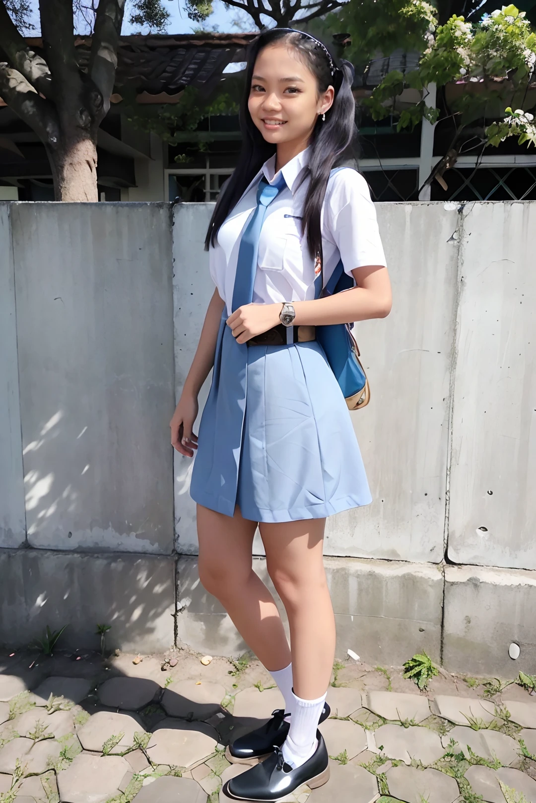 ((masterpiece)), ((best quality)), ((detailed)), ((realistic)), ((nikon RAW photo, 8K, Fujifilm XT3, HDR10+, high-res, depth of field, huge filesize, low-angle shot)), (1girl, solo, standing), ((((full body:1.5), small breast:1.4, slender body:1.3, body height 160 cm, body weight 45 Kg, 21 years old, 34D Cup))), (photorealistic:1.4), photorealism, photography, hyperrealistic, hyperdetailed, lots of details, extremely amazing finely detail, shoot by professional, professional photography, studio lighting, professional tuned lighting, outdoor, school park settings, park background, photo session at school park, perfection, best of the best, professional model, photo model, tuned by professional, flirty, cute, extremely delicate beautiful, a dashing collected professional beauty woman wearing indonesia high school uniform, woman, girl, melly, long hair, hair parted at the back, short-sleeved white shirt, white collared shirt, grayish blue skirt, gray skirt, grayish blue necktie, OSIS, white socks, black loafers, indonesia high school uniform, indonesia sma school uniform, osis logo on left chest, black formal women's belt, dress politely and neatly, beautiful smile, (flirty pose:1.2), proportional, tucked in, looking at camera, gold necklace, gold small earrings, beautiful smile, beautiful face, beautiful body, perfect body, young adult, indonesian, Indonesia, SFW, cosplay, facing front, <lora:Javanese_Girl_V6:0.7>